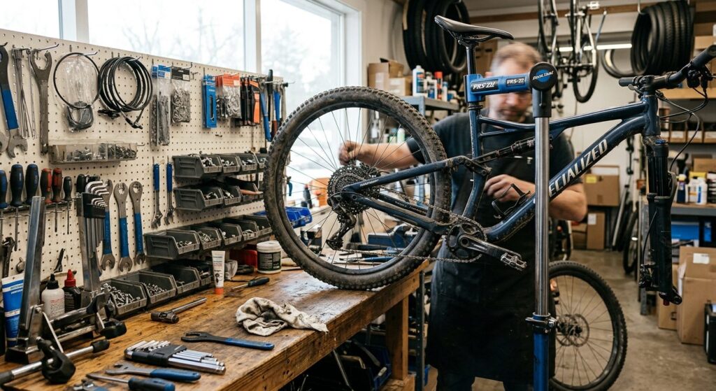 Cykelreparation på værksted med værktøj og cykeldelv til udskiftning