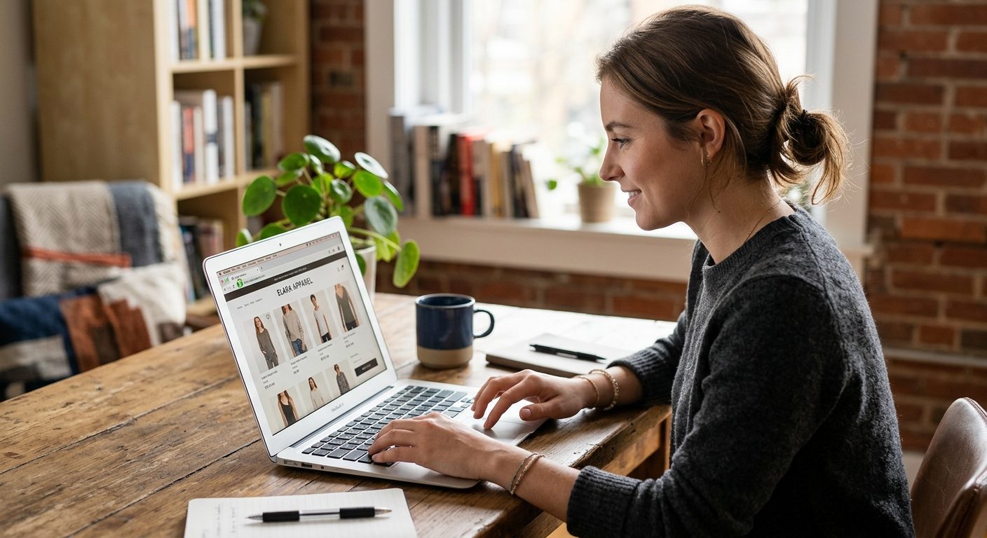 Kvinde tjekker om en hjemmeside er sikker inden online køb på bærbar computer
