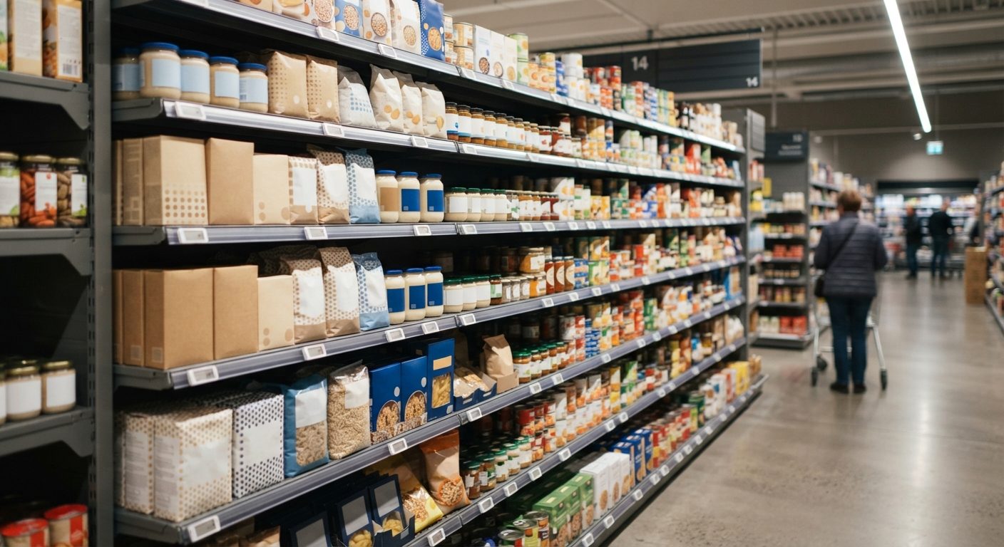 Hylder i supermarked med private label produkter ved siden af kendte mærkevarer