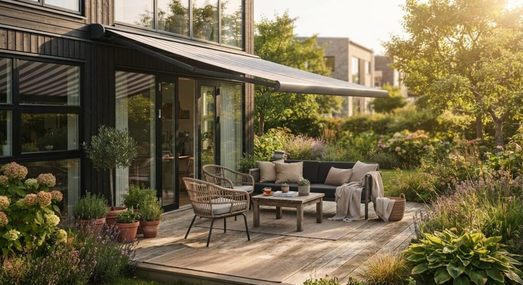 Udestuemarkise monteret over en dansk terrasse med havemøbler i solskin