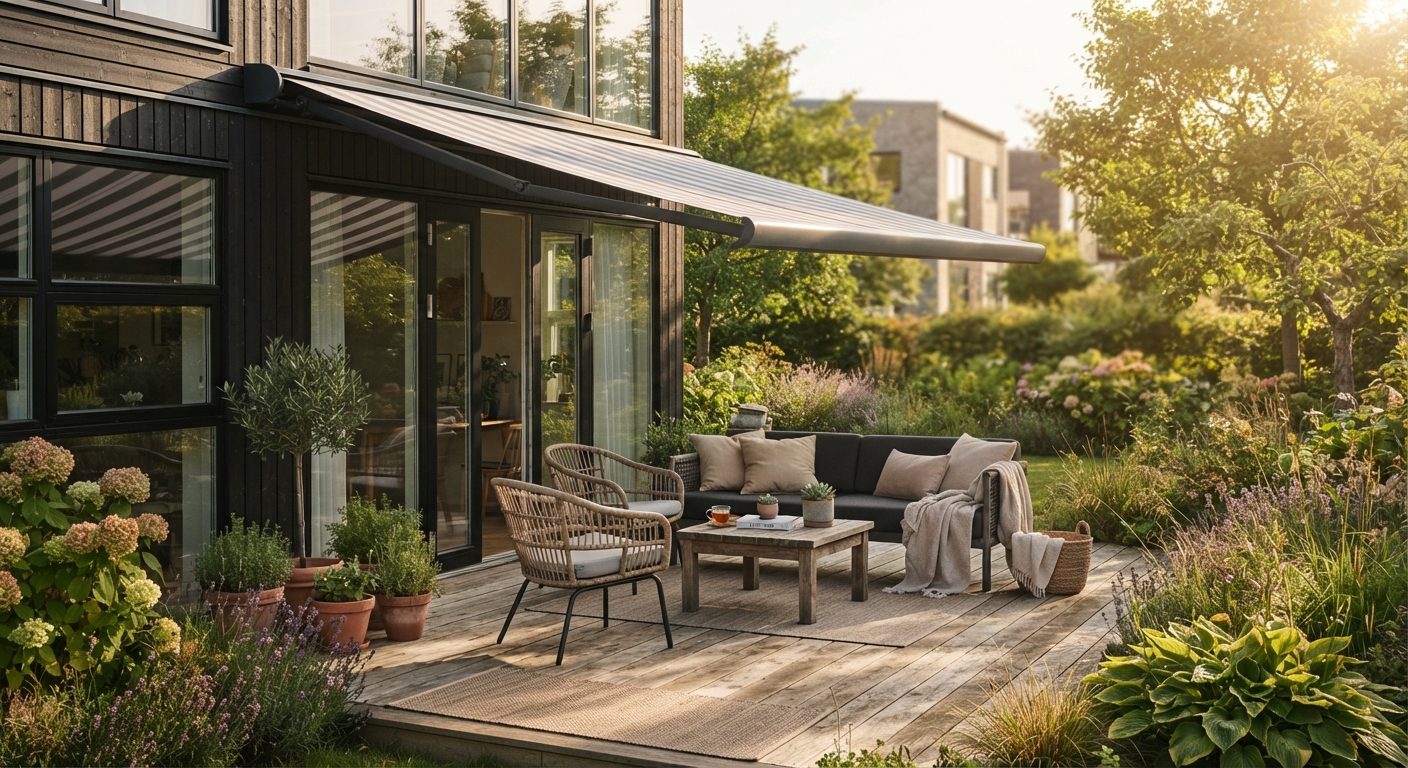 Udestuemarkise monteret over en dansk terrasse med havemøbler i solskin