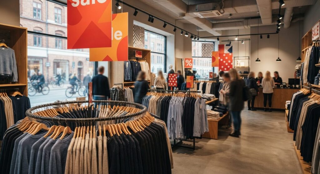 Tøjbutik med udsalgsskilte der viser hvornår sommerudsalg starter i Danmark