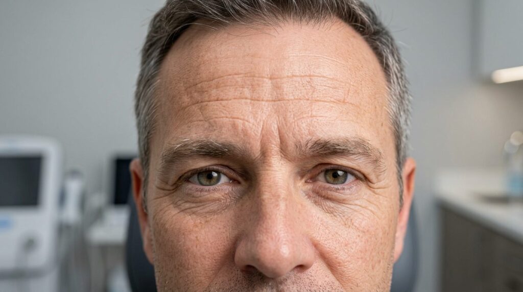 Close-up of a male patients forehead and eyes showing subtl