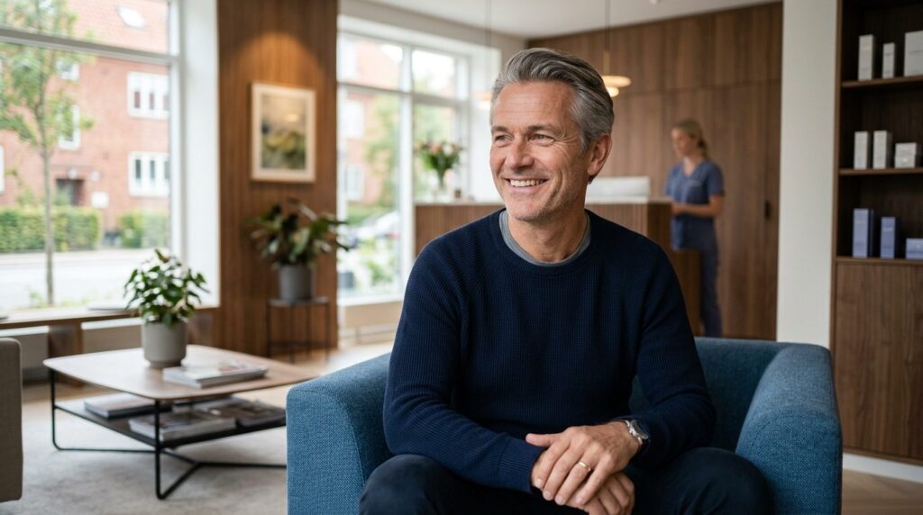 Confident middle-aged man smiling naturally in a modern clin
