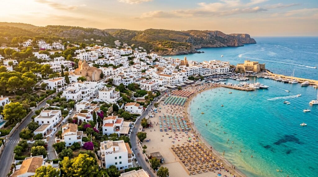 Aerial view of a Mediterranean coastal resort town with turq