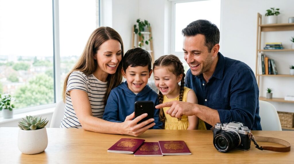 Happy family checking flight and hotel booking on mobile pho