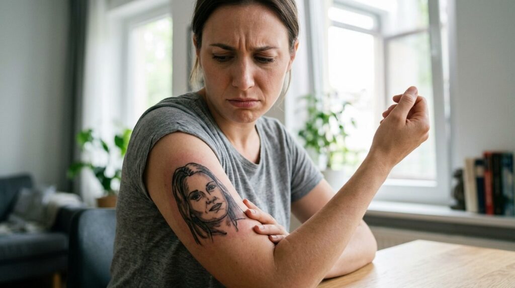 Person kigger decentralt på en dårligt udført portræt-tatovering på huden.