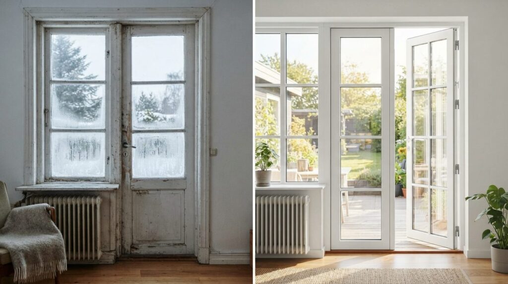 Before and after split-screen comparison: left side shows an