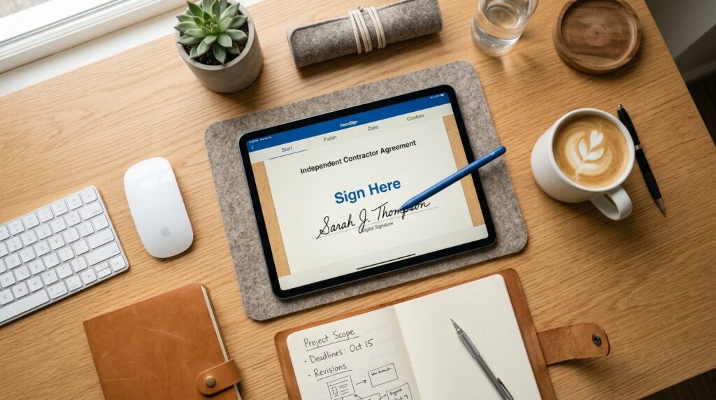 Close-up overhead shot of a freelancers workspace with a ta