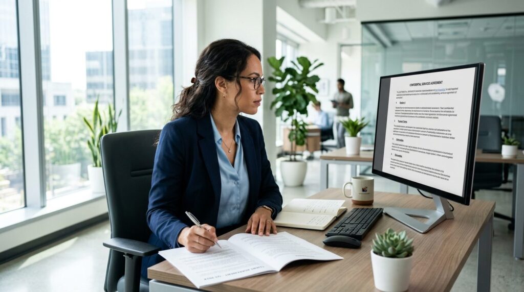 Female small business owner sitting at desk in bright modern