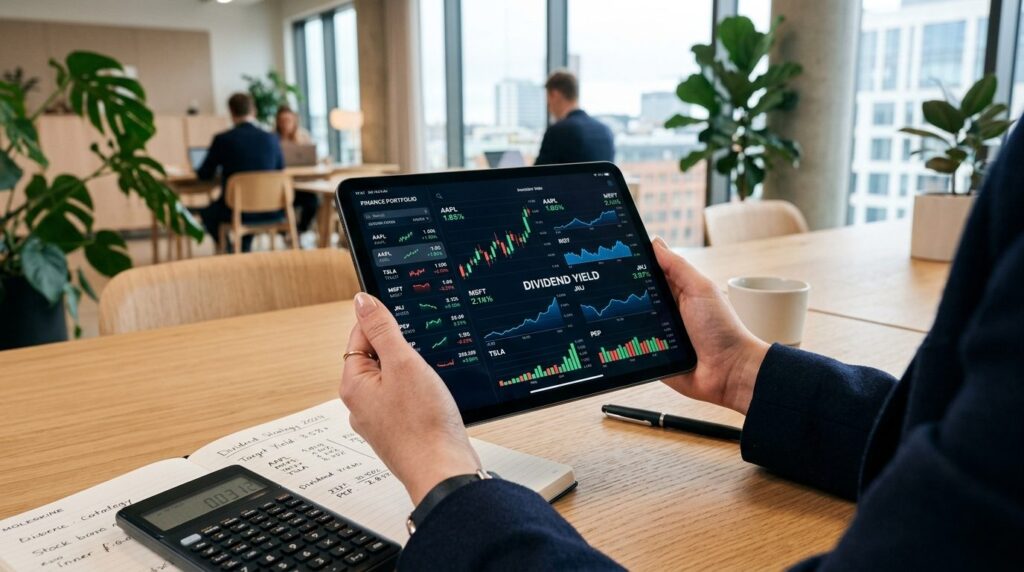 Close-up of hands holding tablet showing stock market graphs