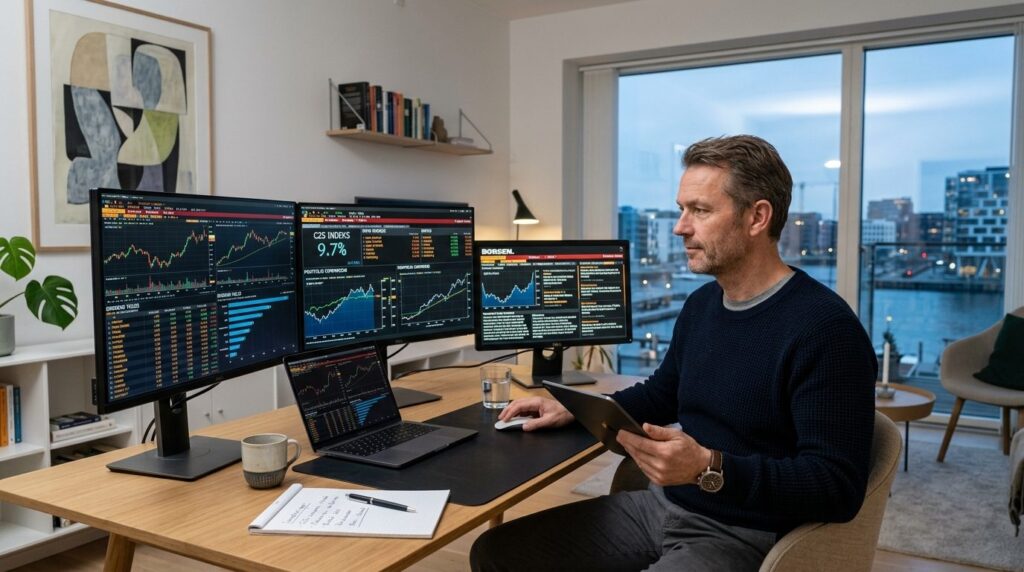 Danish investor comparing investment options at home office 