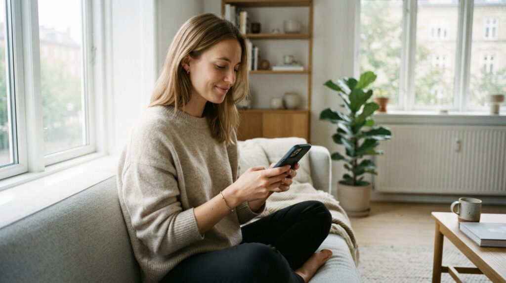 Young woman browsing massage booking app on smartphone while
