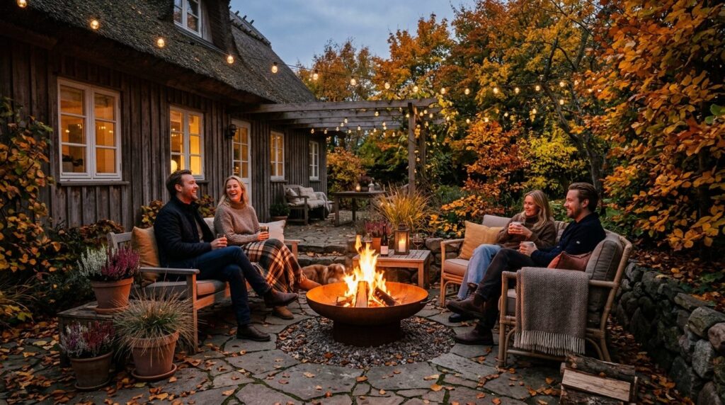 Wide-angle photograph of a Danish garden terrace in fall wit