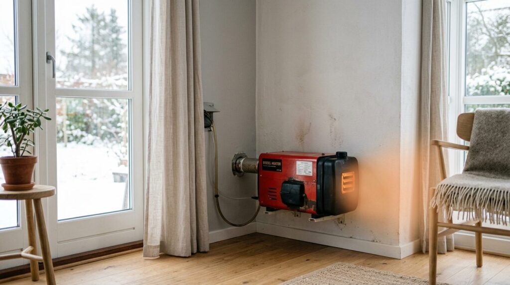 Kompakt dieselfyr monteret på væg i et enkelt boligrum