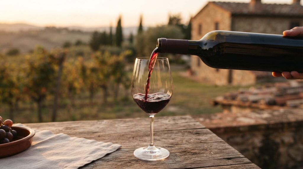 Close-up detail shot in 16:9 format of wine being poured int