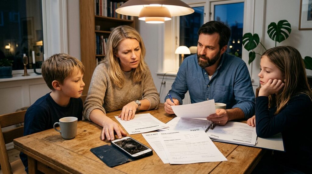 Photorealistic stockfoto 16:9 of a Danish family sitting at