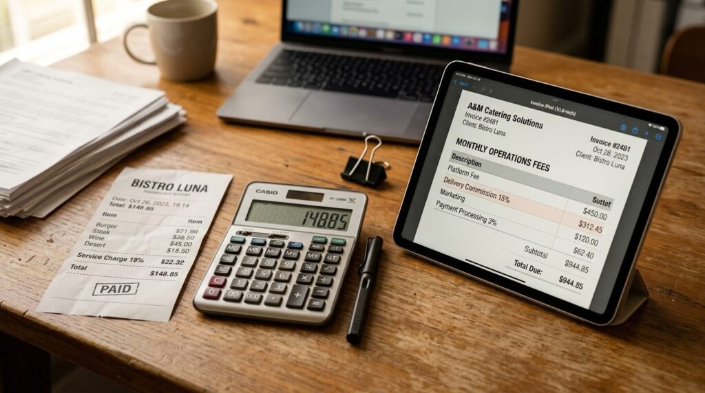 Close-up of restaurant receipt and digital invoice on desk w
