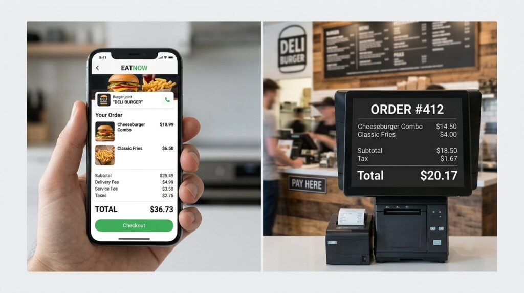 Split-screen concept: left side shows food delivery app on s