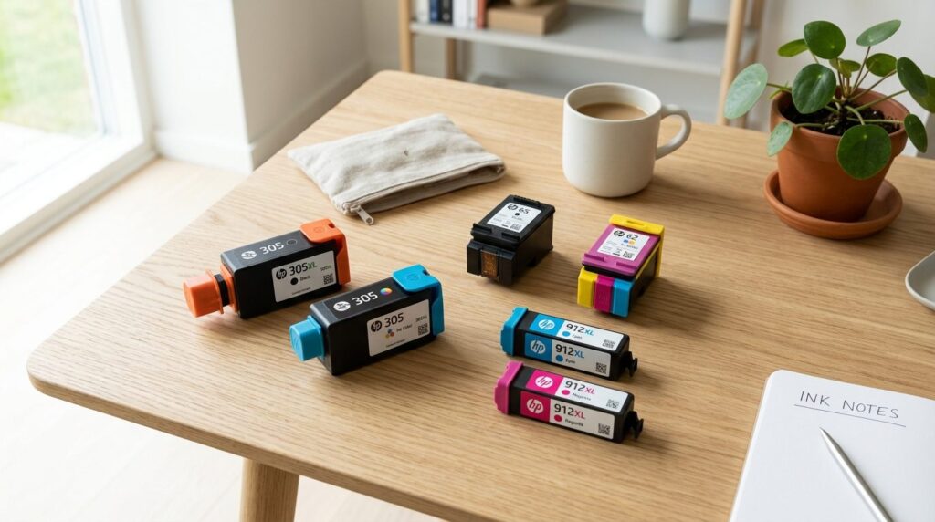 Overhead flat lay composition of HP printer cartridges with 