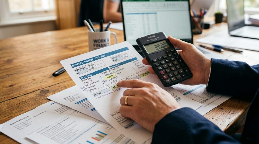 Close-up of hands holding a payslip and calculator, analyzin