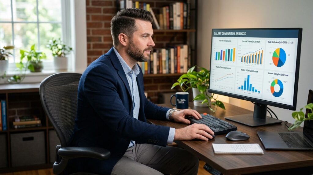 Professional man in business casual attire looking at comput