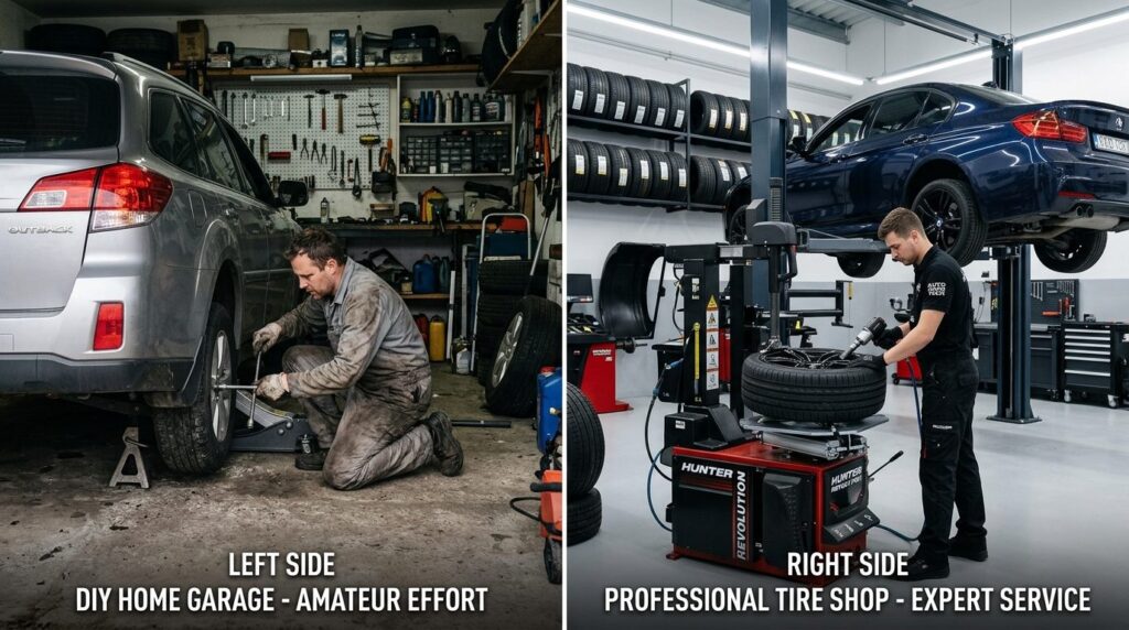 Venstre side viser privat garagehome-setup med værktøjer, højre side viser professionelt værksted med lift.