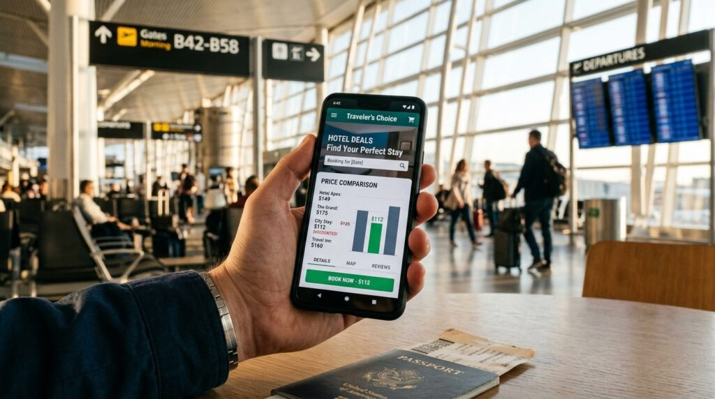 Close-up of a travelers hand holding a smartphone displayin