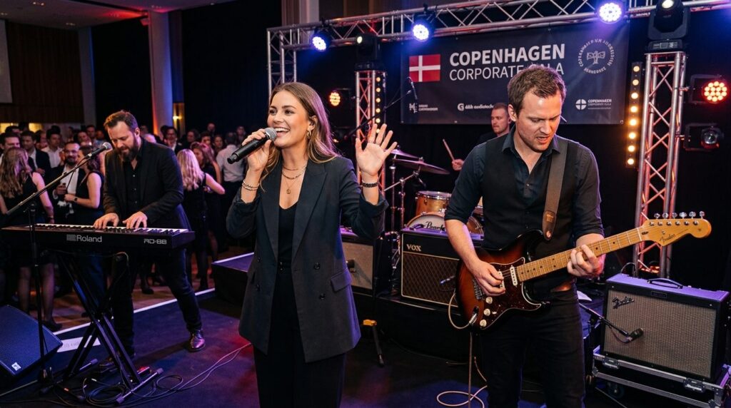 Close-up of a live band performing at a corporate event or p
