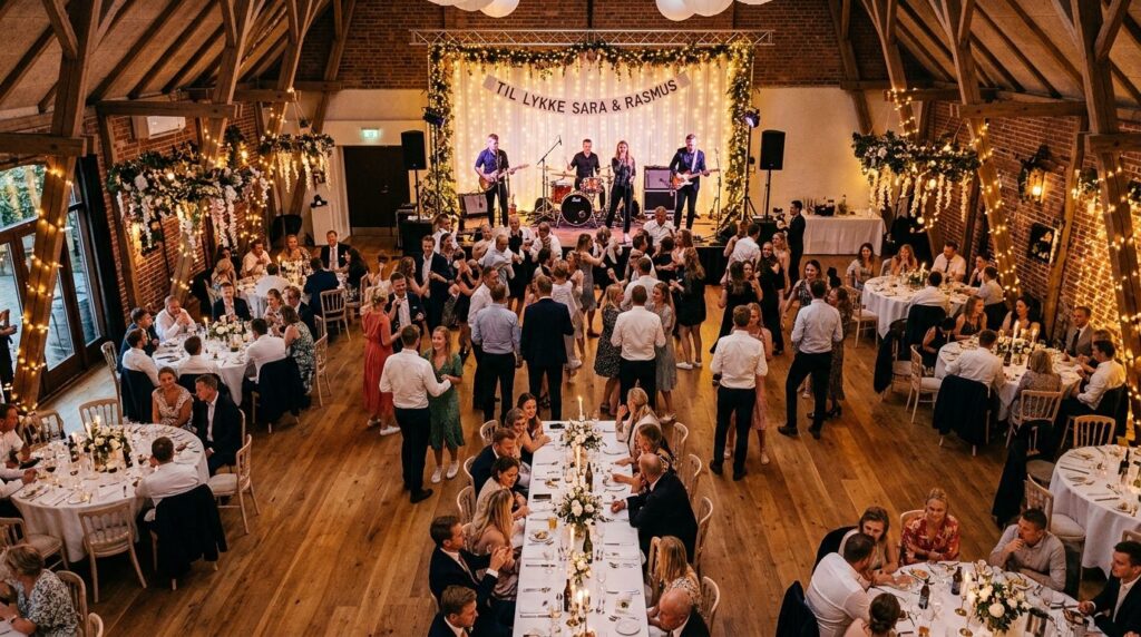 Wide overhead shot of a Danish wedding or celebration venue 