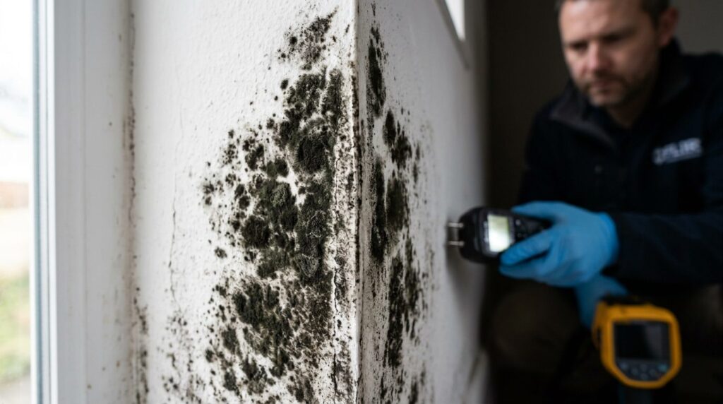 Close-up of mold growth on white wall corner in house interi