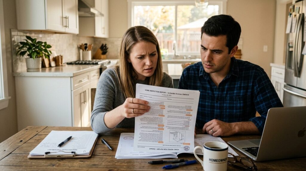 Young couple reviewing property inspection report document a