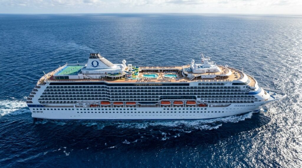 Photorealistic aerial view of large modern cruise ship from 