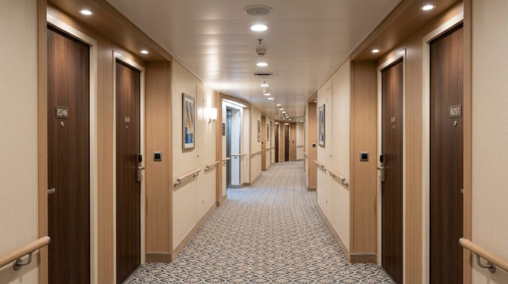 Interior photograph of a mid-range cruise ship corridor with