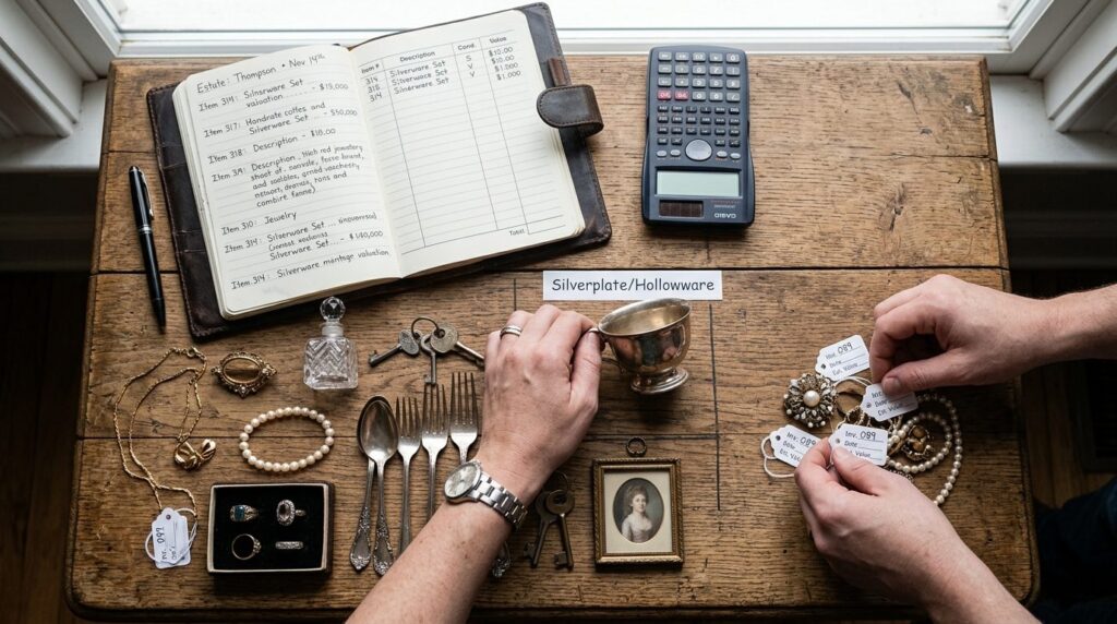 Close-up overhead shot of hands organizing valuable items on