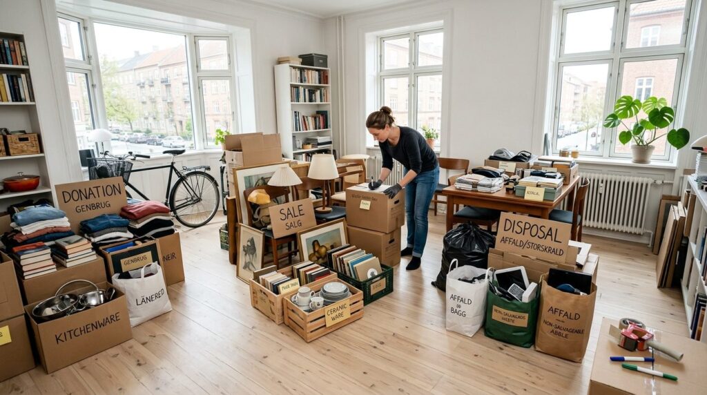 Wide angle view of a Danish apartment with organized piles o