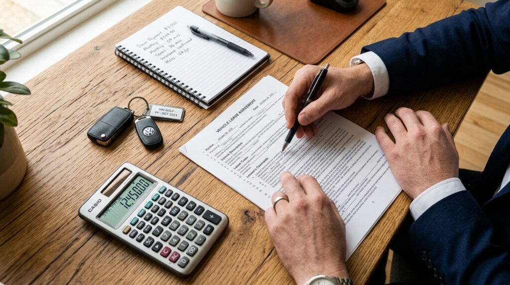 Close-up overhead shot of a leasing contract document, car k