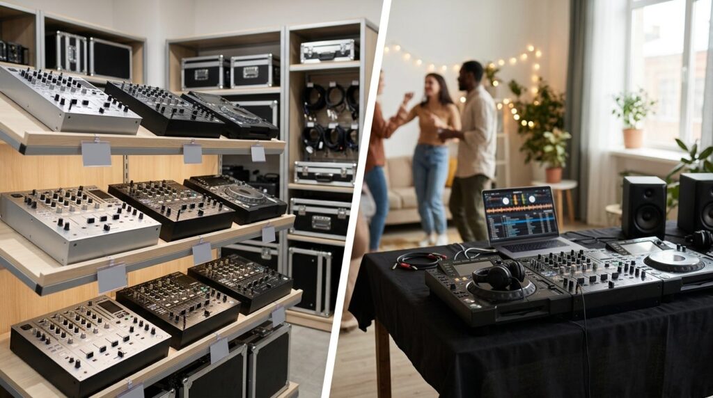 Split-screen style composition showing DJ mixer equipment on