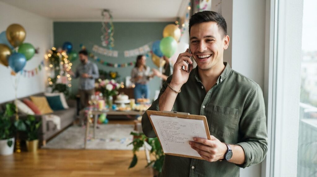 Young man speaking on phone while smiling, holding clipboard