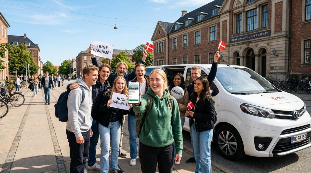 Wide shot of a happy Danish student group celebrating near a