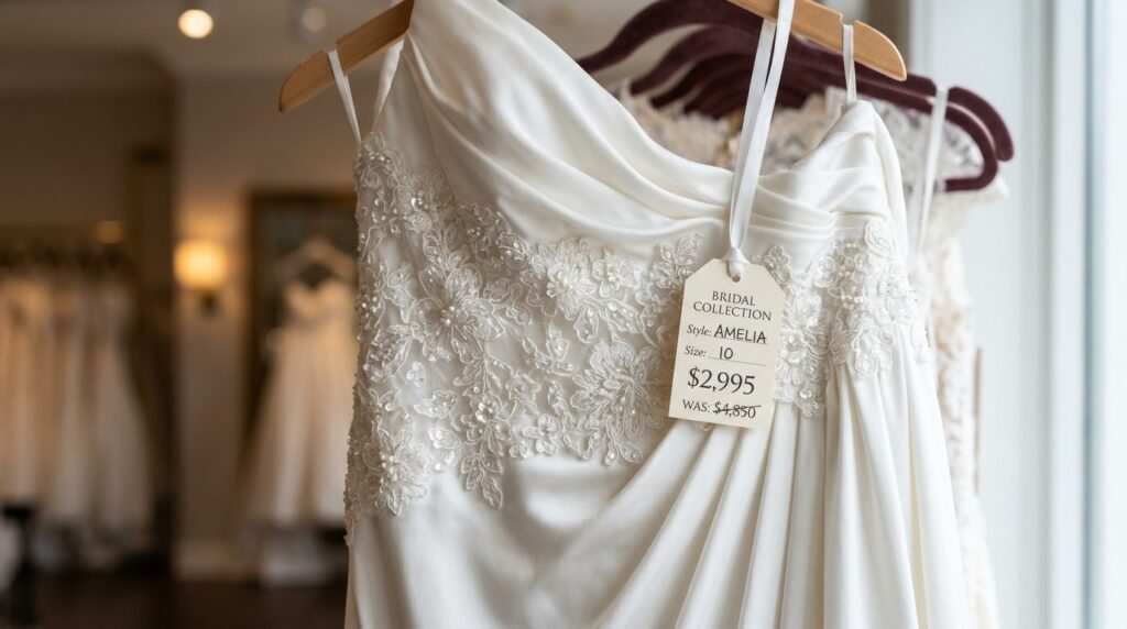 Close-up detail shot of luxurious wedding dress fabric with