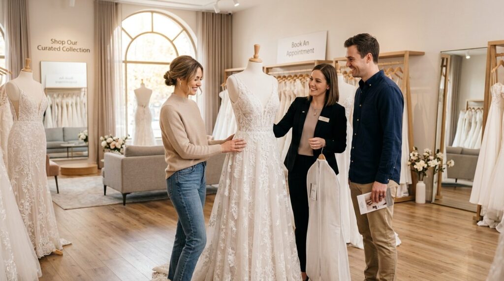 Happy couple looking at wedding dresses on display in an ups