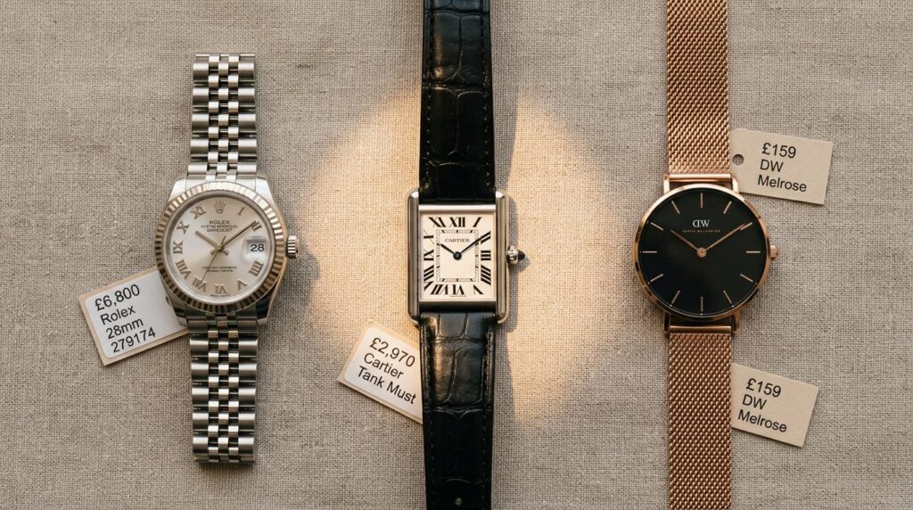 Close-up flat lay photography of three elegant womens watch