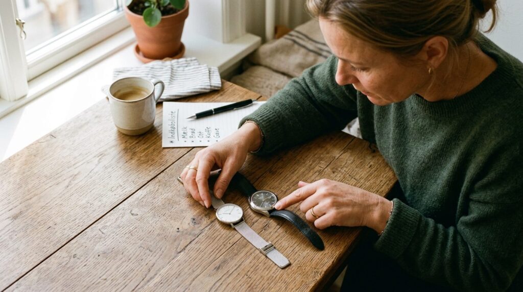 Realistic overhead shot of a Danish womans hands comparing