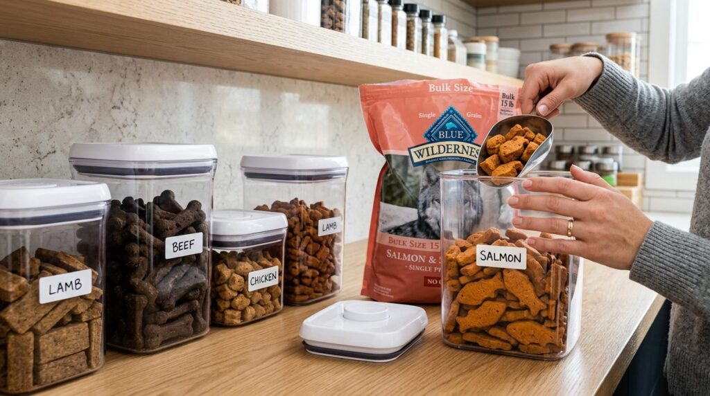 Close-up detailed shot of dog treat bulk packages being orga