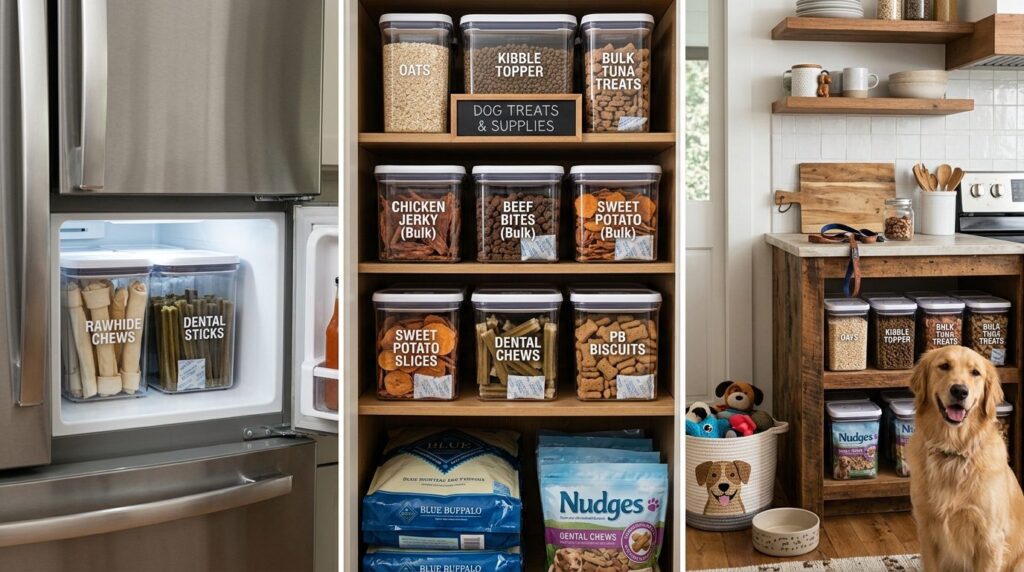 Well-organized home storage setup featuring bulk dog treat p