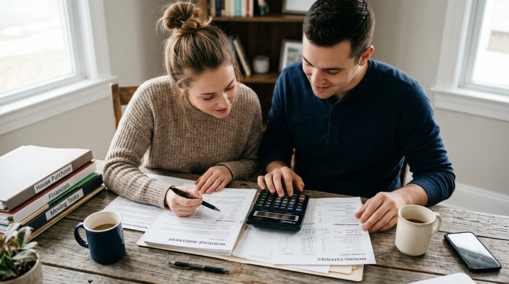 Close-up photograph of a young couple reviewing house docume