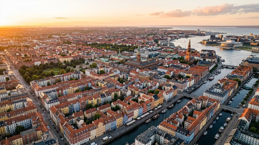 Aerial cityscape view of Copenhagen showing colorful residen