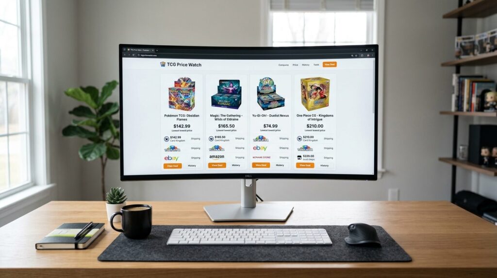 Wide angle shot of a modern computer monitor displaying a pr