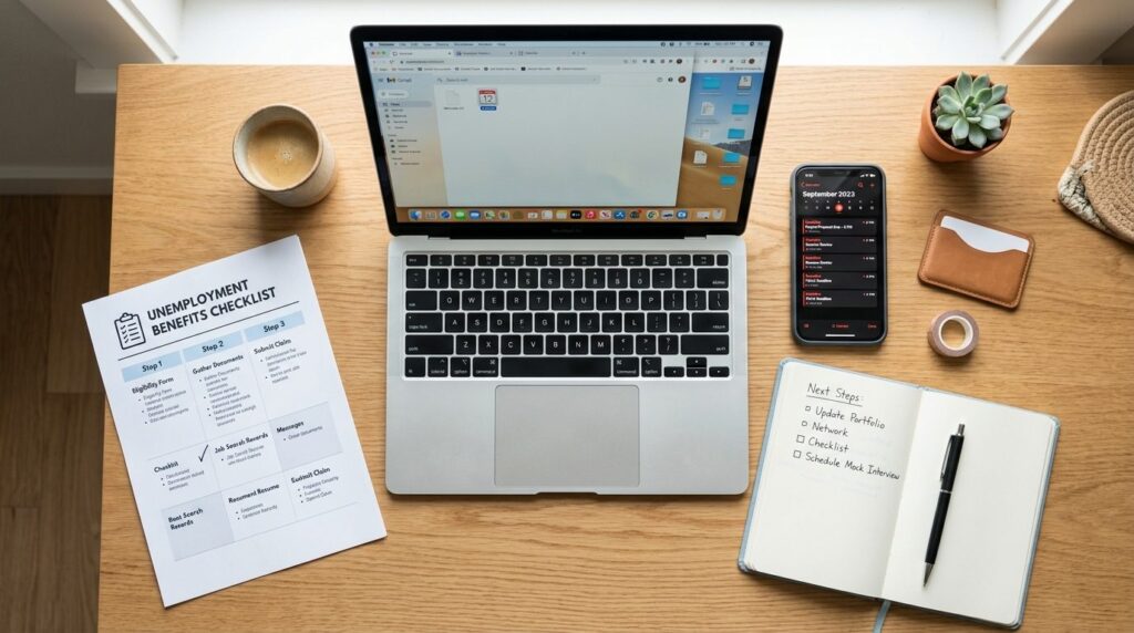 Overhead flat lay of a young professionals workspace with l